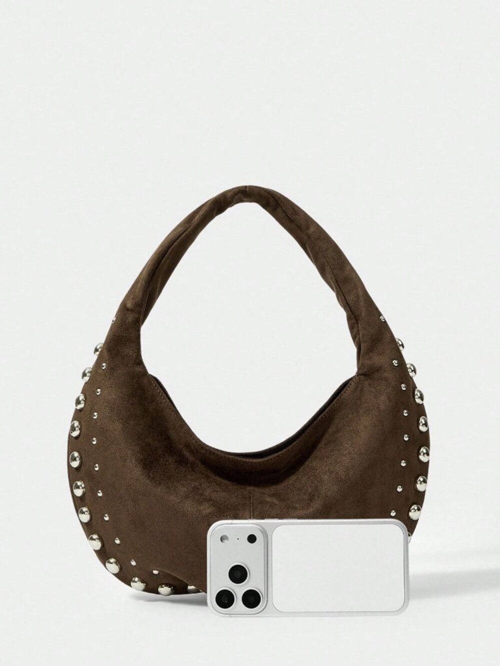 Coffee Brown Casual Women's Studded Shoulder Bag - Picture 3 of 6
